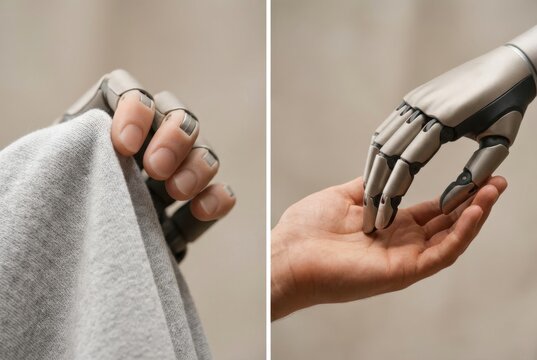 Two hands, one human and one prosthetic, touching in a collage. Modern cybernetic limb with human palm. Concept of medical innovation and future technology. - Powered by Adobe