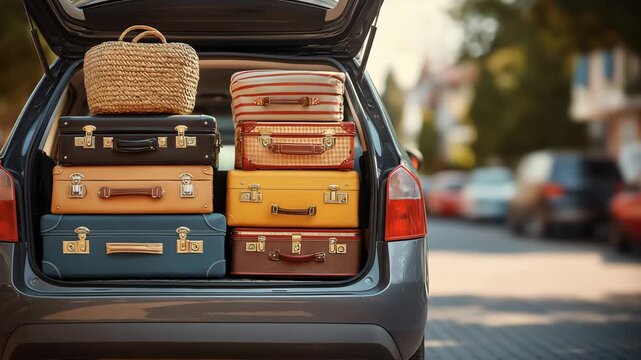 Open car trunk fulled with suitcases and bags for moving on suburban street, Surrounded by a suitcases and bags , ready for road trip, vacation outside home