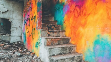 Vibrant graffiti on stairs in an abandoned building during daytime