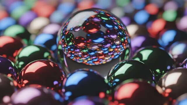 Shiny macro of colorful glass beads and marbles in a round jar as a bright holiday Christmas ball decoration or jewelry toy sphere isolated for a blue and gold celebration
