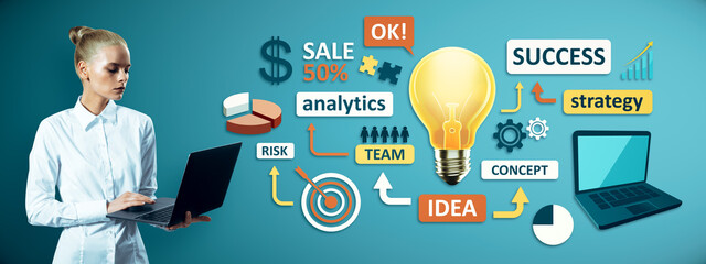 Businesswoman using laptop with business icons like idea, strategy, success, and analytics on a blue background as concept of innovation.