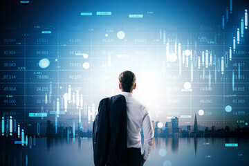 Businessman looking at financial chart with stock data and cityscape in background, symbolizing market analysis and investment strategy concept.