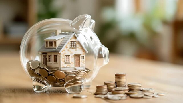 Small model house on money inside transparent piggy bank with coins on table at home