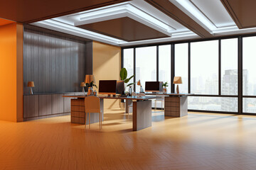 Modern corporate office interior with large windows and cityscape view, featuring wooden furniture and natural lighting setup. 3D Rendering