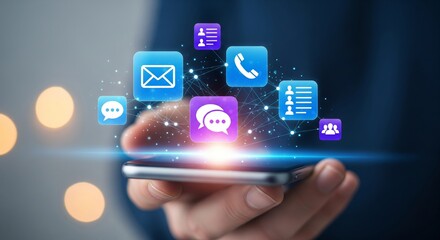 Hand Holding Smartphone with Virtual Communication Icons and Network Lines Represents Digital Marketing Strategy, Customer Contact, and Global Communication