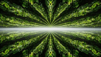 Dynamic green symmetry abstract nature pathway illuminated by bright light.