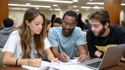 Collaboration in Study Hall: Students deep in concentration, absorbed in group study with a laptop at their disposal. The focus is evident as they work together - Powered by Adobe