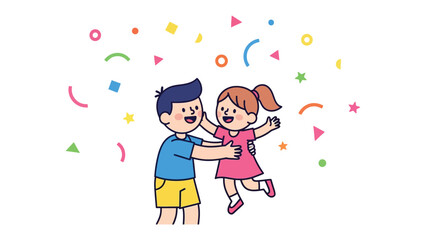 Joyful Embrace: A heartwarming scene unfolds as a boy and girl share a joyful embrace, celebrating a special moment filled with laughter, love, and colorful confetti.