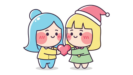 Gift of Heart: A cute and tender illustration depicting two cartoon characters, with blue and yellow hair, joyfully exchanging a symbolic red heart, embodying love and care. 