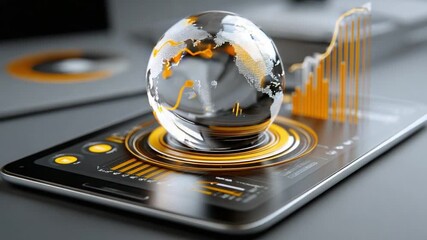 Global Tech Insights: A futuristic depiction of data visualization and global connectivity, with a glowing globe hologram resting atop a digital tablet displaying charts, graphs. - Powered by Adobe