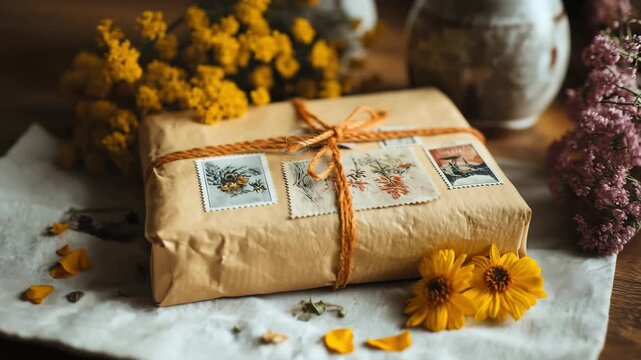 Package wrapped with craft paper and a neat bow, subtle crumples and textures on the paper and vintage stamp of flowers on wooden table