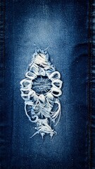 Close-up view of distressed blue denim fabric with a large rip