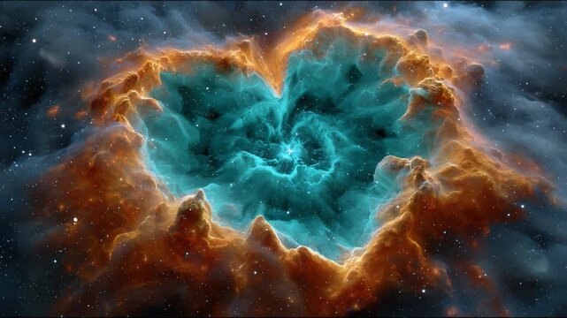 Cosmic Heart: A mesmerizing nebula shaped like a heart, radiating vibrant colors and swirling cosmic dust, igniting a sense of wonder and the immensity of the cosmos.