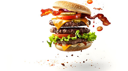 Deconstructed cheeseburger with flying ingredients showcasing fresh layers for food art and design