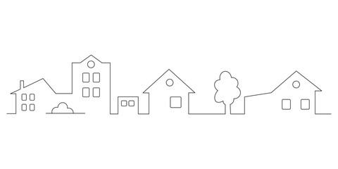 Continuous line drawing of a charming minimalist city skyline featuring various houses and buildings with a tree and shrub creating a modern abstract neighborhood street illustration © Hasibur