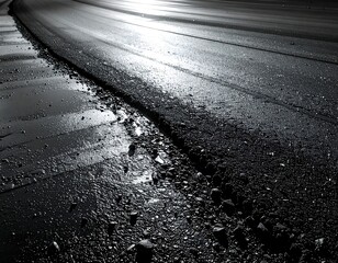 Black asphalt road close-up with light reflection and wet area detail