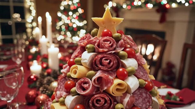 festive food presentation, celebratory culinary display setup, decorative food presentation with candles and lights, festive table arrangement featuring illuminated candles and decorative dishes.