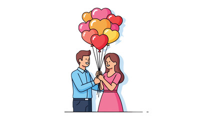 Love's Colorful Ascent: A tender moment unfolds as a couple exchanges a vibrant bouquet of heart-shaped balloons, symbolizing the soaring heights of love and affection.