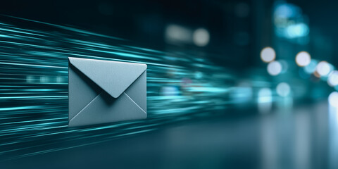 A digitally rendered image of an email envelope streaks across a backdrop, capturing the essence of digital communication.