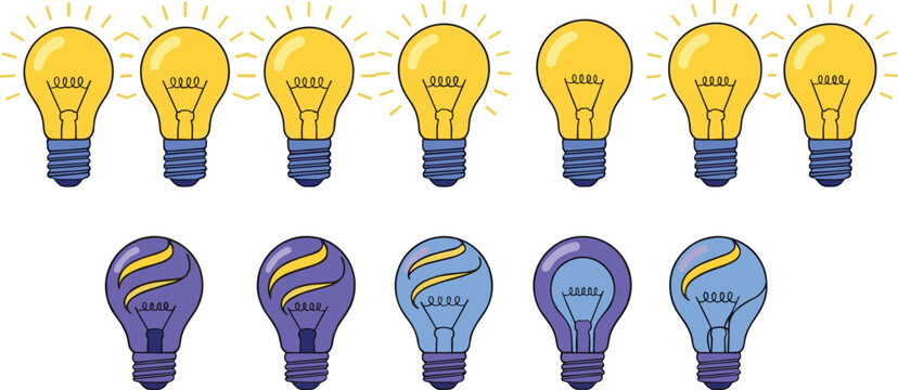 Creative light bulb icon set showing glowing ideas and turned off lamps in colorful cartoon vector style isolated on white background