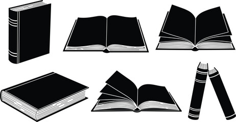 Book silhouette icons, black and white book set, open and closed book graphics, minimalist reading symbols, library clipart pack