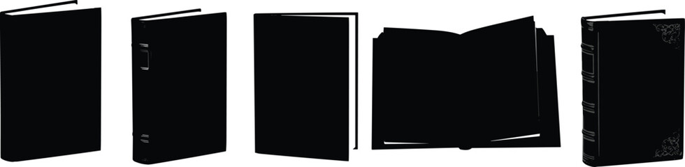Book silhouette icons, black and white book set, open and closed book graphics, vintage reading symbols, library clipart pack