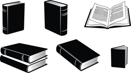 Book silhouette icons, black and white book set, open and closed book graphics, reading symbols, library clipart, vintage book pack