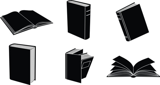 Book silhouette icons, black and white book set, open and closed book graphics, minimalist reading symbols, library clipart pack