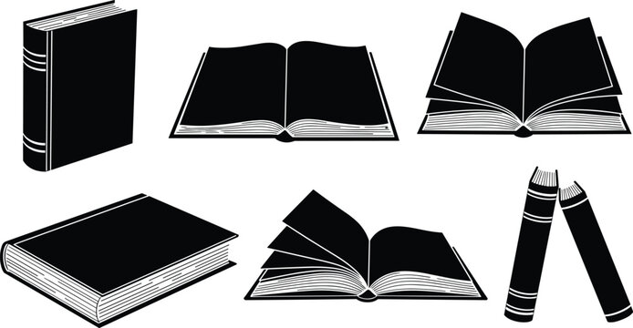 Book silhouette icons, black and white book set, open and closed book graphics, minimalist reading symbols, library clipart pack