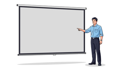 Man pointing at a large blank pulldown projection screen
