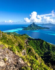 Aerial view of a tropical island, turquoise water, blue skies