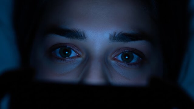 Woman eyes reflecting screen light in dark room. Digital device usage at night. Internet addiction and late night scrolling concept.