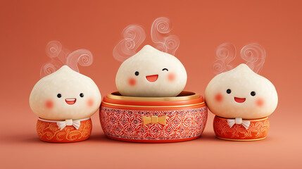 Cute dim sum buns with expressive faces playful scene