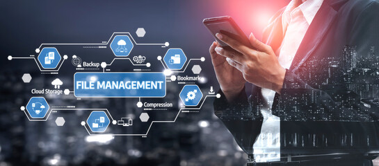 A business professional interacts with a smartphone, surrounded by digital icons representing file...