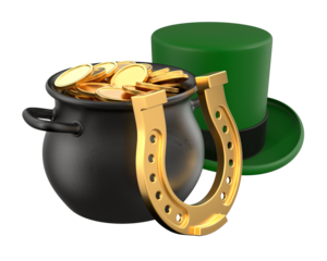 Iron black cauldron full shiny gold coin on white background. Isolated 3D illustration. St Patrick`s day