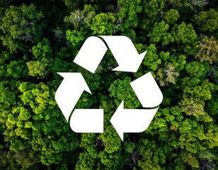 Aerial view of lush green forest with a recycling symbol superimposed
