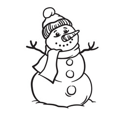 Smiling snowman in a knitted hat and scarf. Sketch Illustration on a transparent background