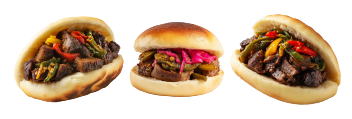 Grilled beef sandwich or spicy Alexandrian liver sandwich with bell peppers and chili sauce in bun, isolated on white background