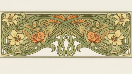 Art Nouveau Floral Ornament with Daffodils and Poppies.