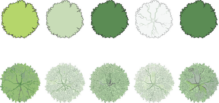Collection of Architectural Tree Top-Down View Icons in Various Shades of Green, Ideal for Landscape Design, Floor Plans, and Map Elements.