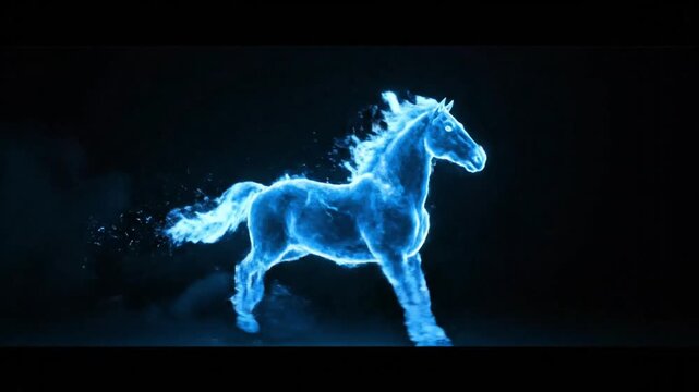A breathtakingly beautiful luminescent blue horse gallops across a dark void, its ethereal form emitting a radiant glow and trail of shimmering energy