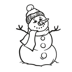 Smiling snowman in a knitted hat and scarf. Sketch Vector illustration isolated on white background
