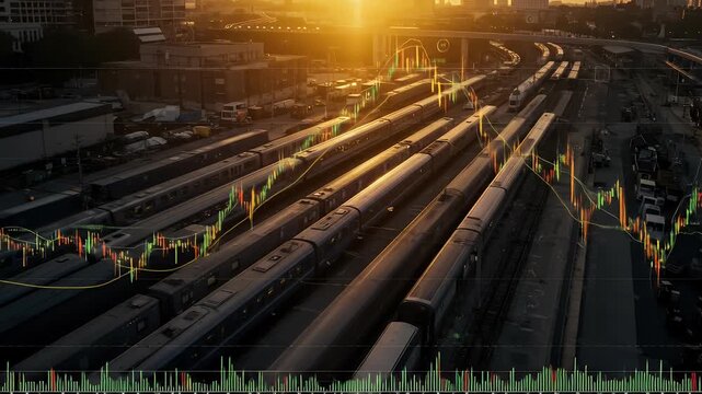 Sunrise Over Train Yard With Financial Stock Chart Overlay