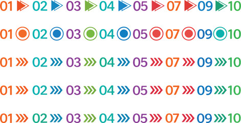 Bullet points with numbers. Colorful numbered steps with geometric directional arrows, circles and pointers from 1 to 10. Bright visual markers for list colorful vector art and illustratiuon 