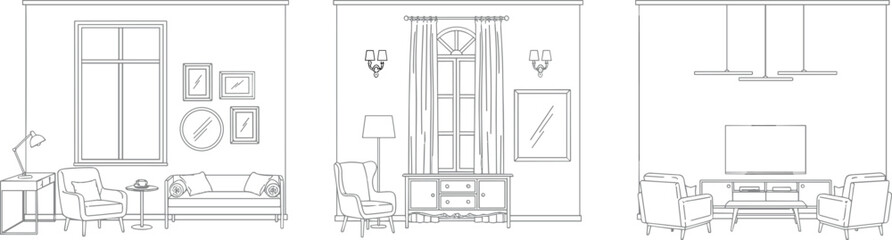 Outline Vector Illustrations of Three Detailed Living Room Interiors Showcasing Furniture, Windows, and Decor for Home Architectural Planning and Design Layouts.