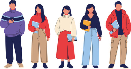 Group of students holding books, modern flat illustration of young people in casual clothes, education and learning concept