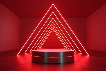 Futuristic red neon lights stage with glowing triangular tunnel for product showcase
