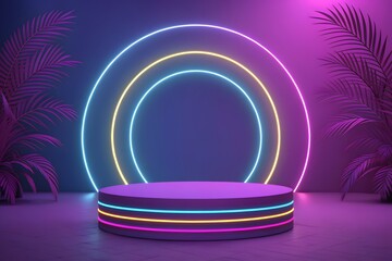 Obraz premium Empty purple neon podium with glowing circles and tropical plants in a futuristic studio setting