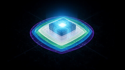 Abstract glowing digital core with layered light squares on a dark background