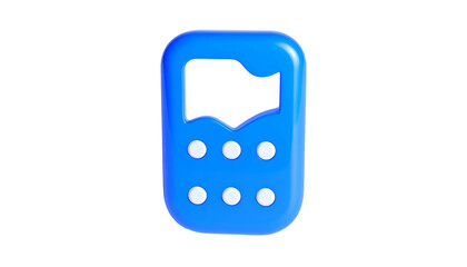 3D-rendered, bright blue phone icon with missing section & round buttons on a black bg